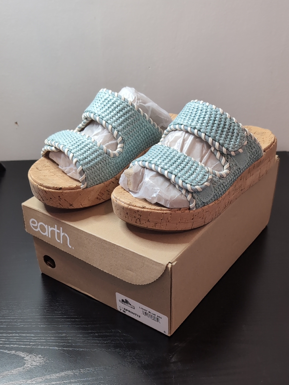 Earth Sprinti2 Light Blue Woven Cork Platform Wedge Heel Slide Sandals Size 7
